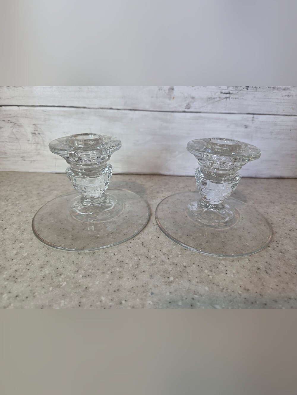 Vintage Pair Clear Glass Candlestick Holders Wide Base MCM Candle Holders